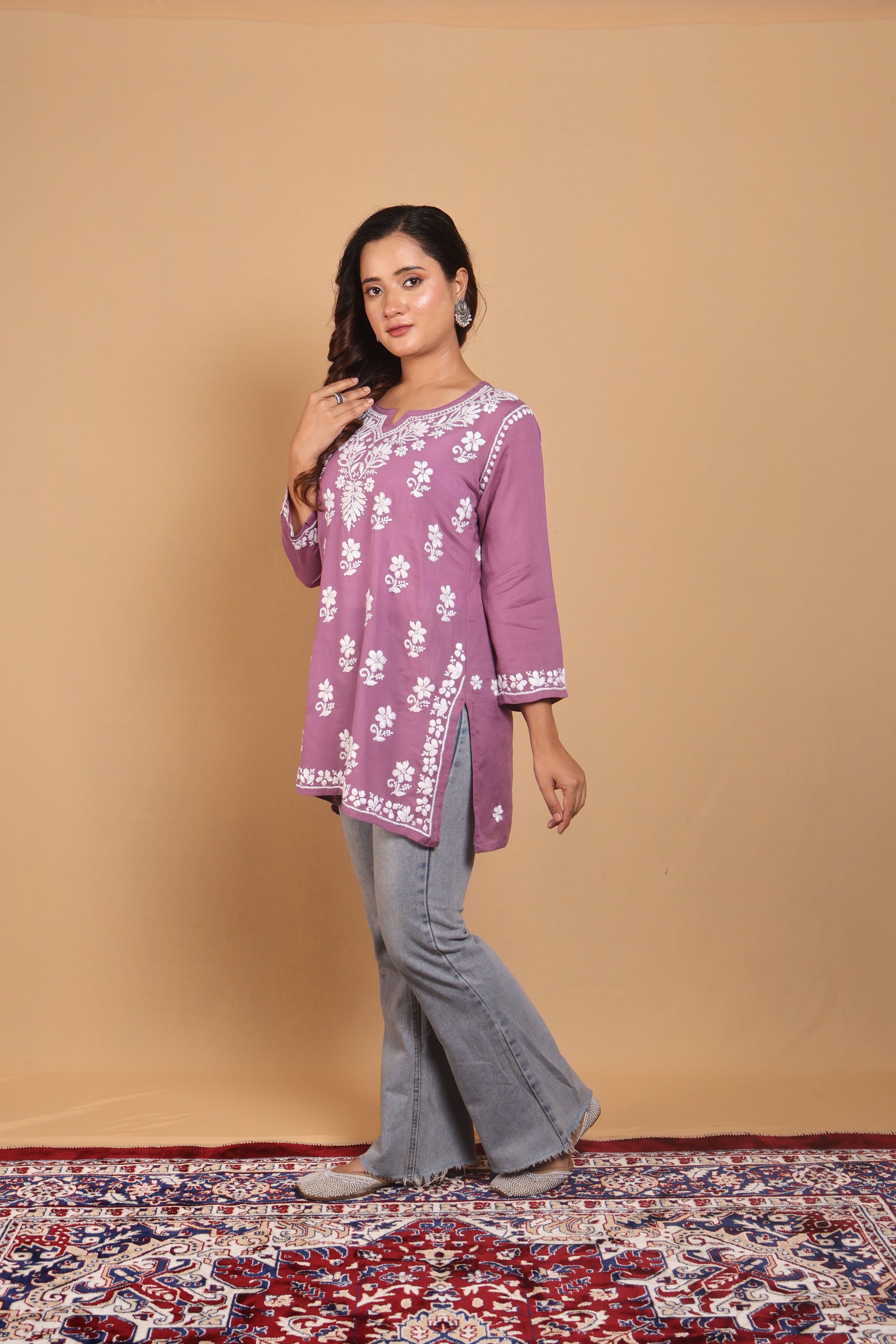 Purple Rayon Short Kurta Gala Boota