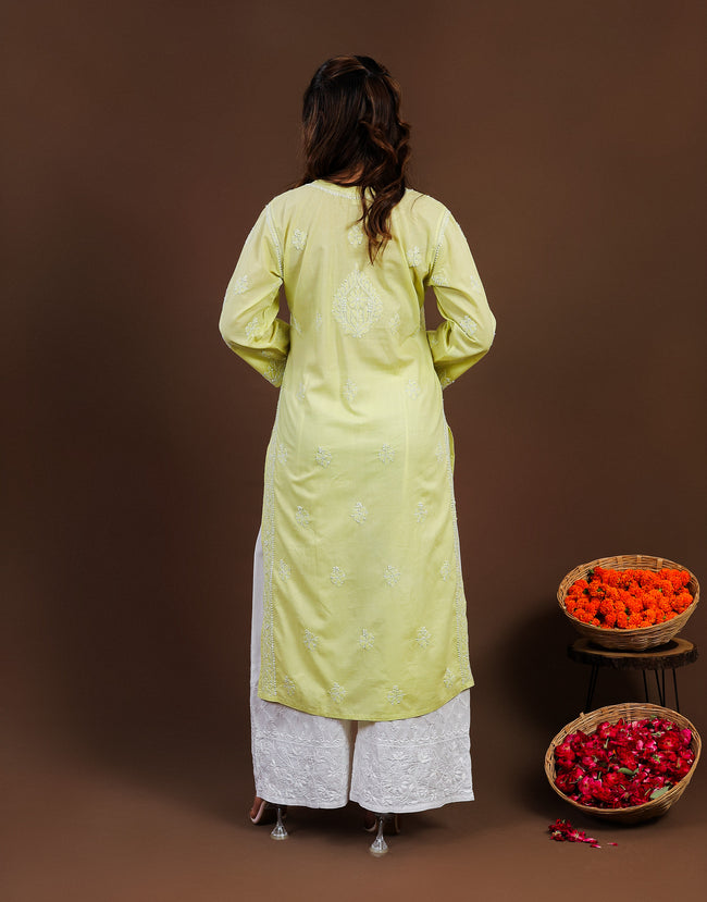 Urviya Chikankari Cotton Long Kurti Full Jaal Work Light Green