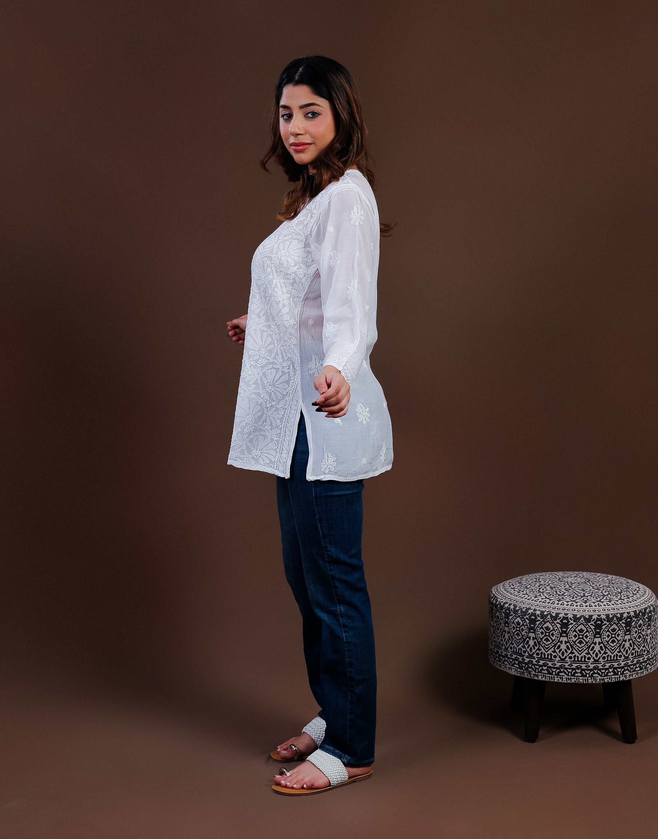 Chikankari Muslin Short Kurti Full Jaal - White