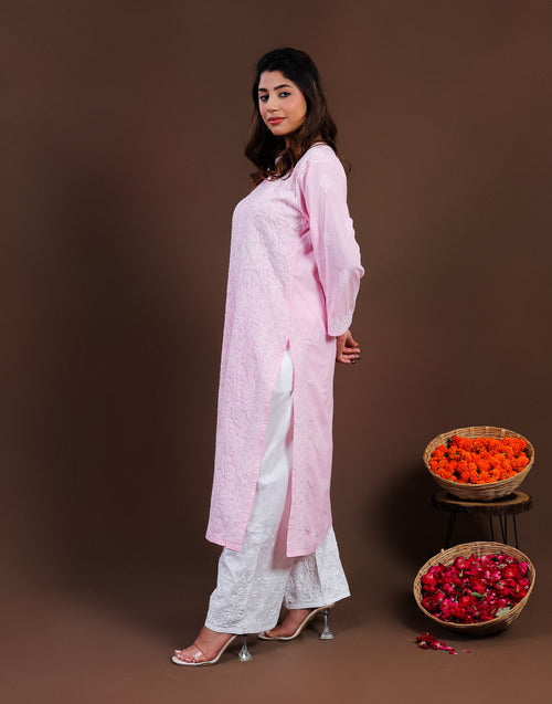 Urviya Chikankari Mul Cotton Long Kurti - Full Jaal Pink