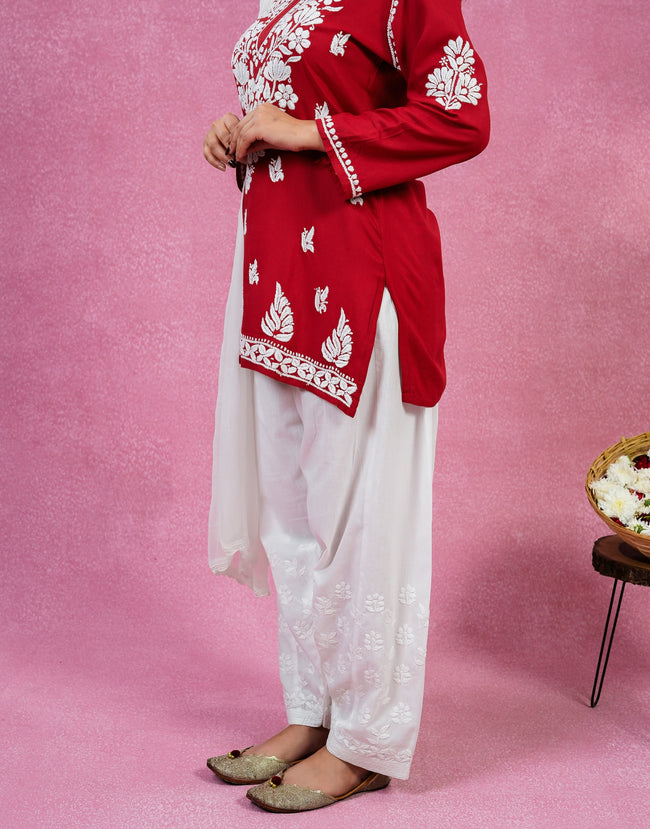 Urviya Chikankari Rayon Short Kurti Red
