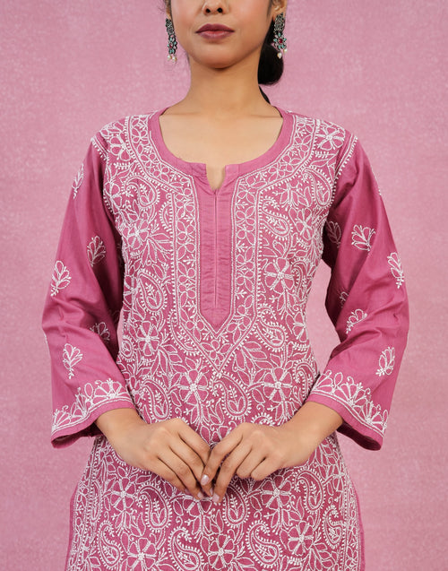 Urviya Chikankari Mul Cotton Long Kurti - Full Jaal Purple