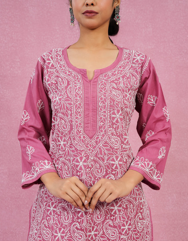 Urviya Chikankari Mul Cotton Long Kurti - Full Jaal Purple