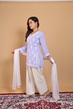 Blue Modal Short Kurta Gala Boota 3 Piece Set