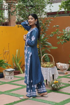 Blue Chanderi White Thread Ghaaspatti 3 Piece Set