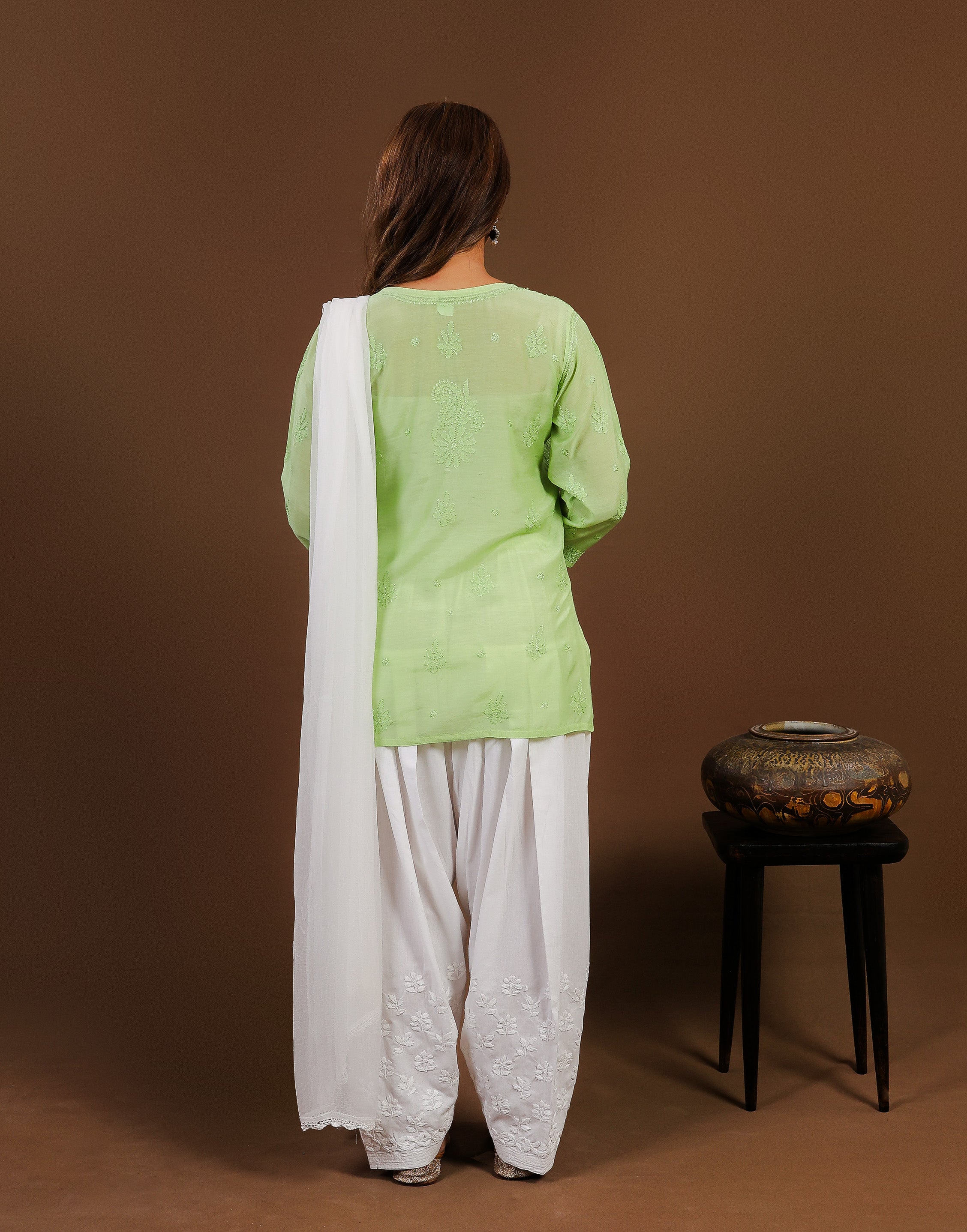 Chikankari Muslin Short Kurti Full Jaal - Green