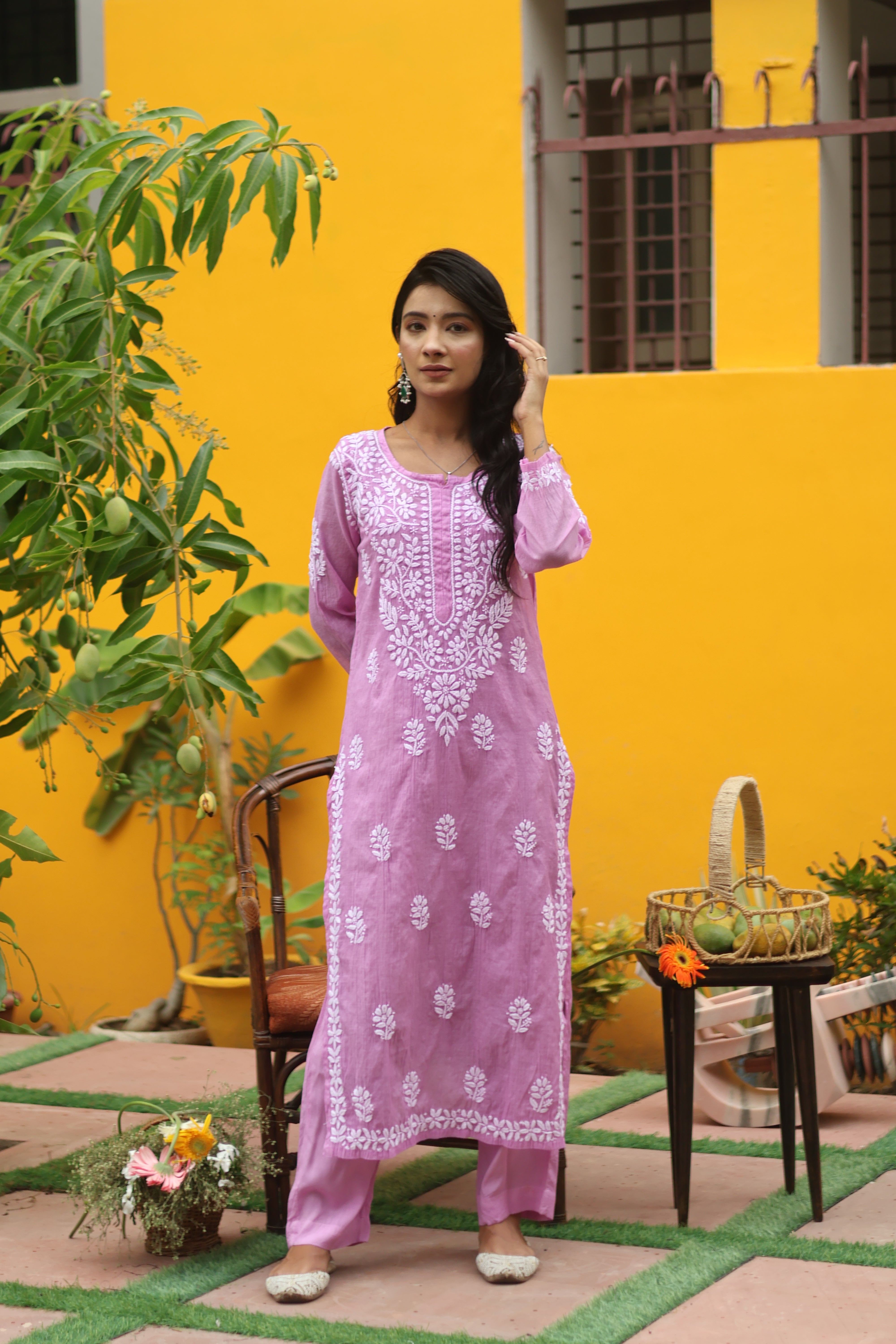 Purple Mul Chanderi Long Kurti 2 Piece Set