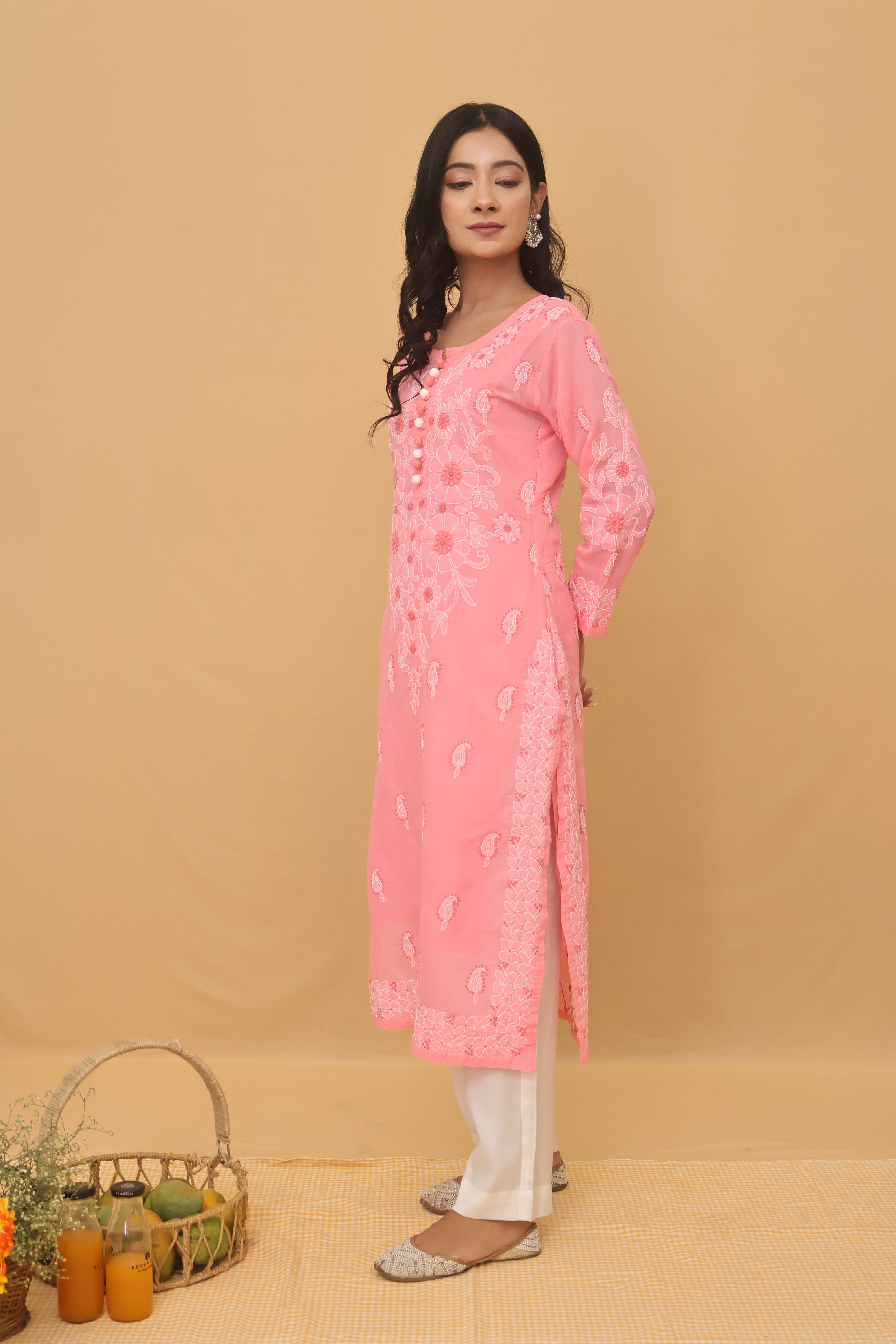 Pink Cotton Kurti with Buttons 3 Piece Set