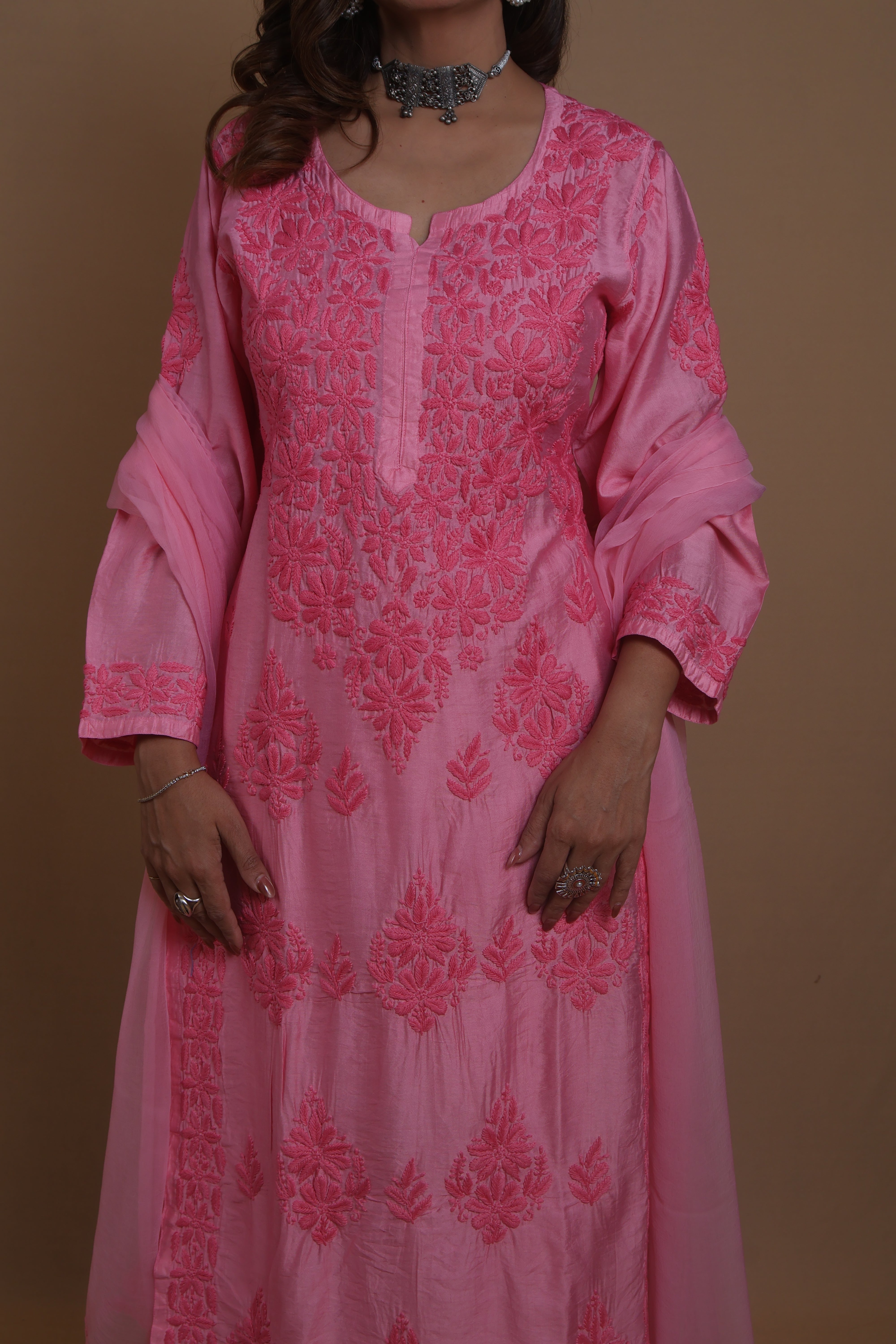 Pink Chanderi Ghaspatti 3 Piece Set