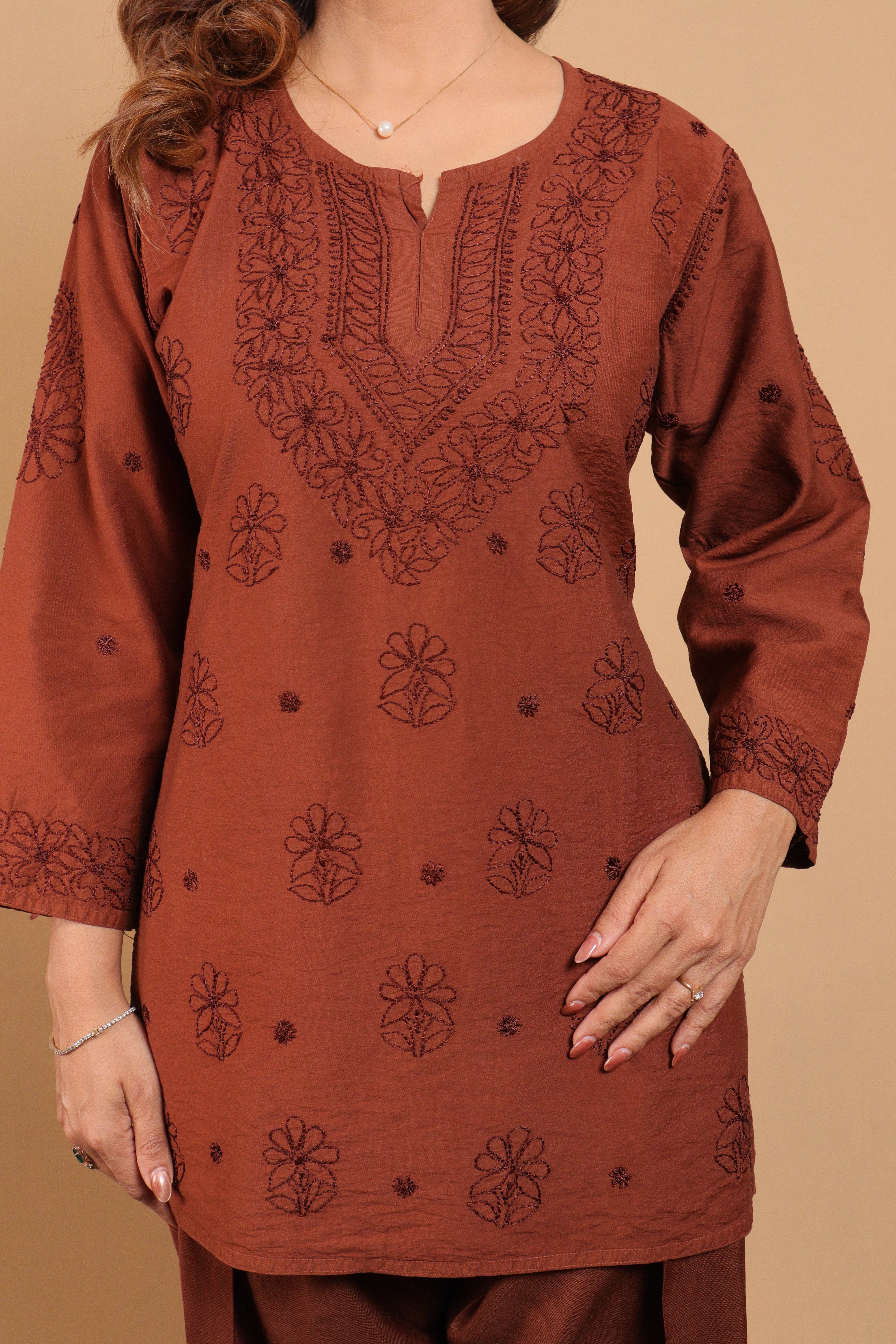Brown Chanderi Short Kurti 2 Piece Set
