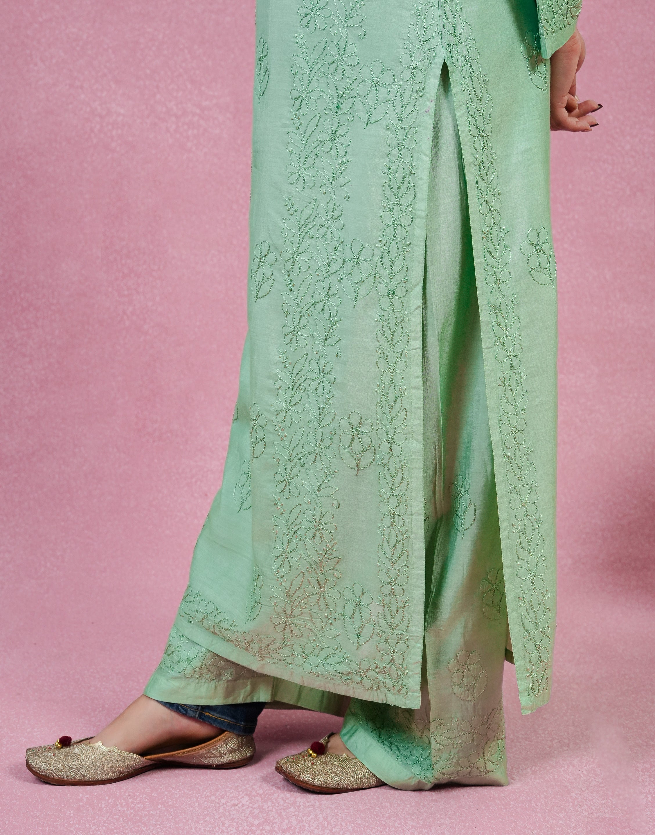 Urviya Chikankari Chanderi 2 piece Set Green