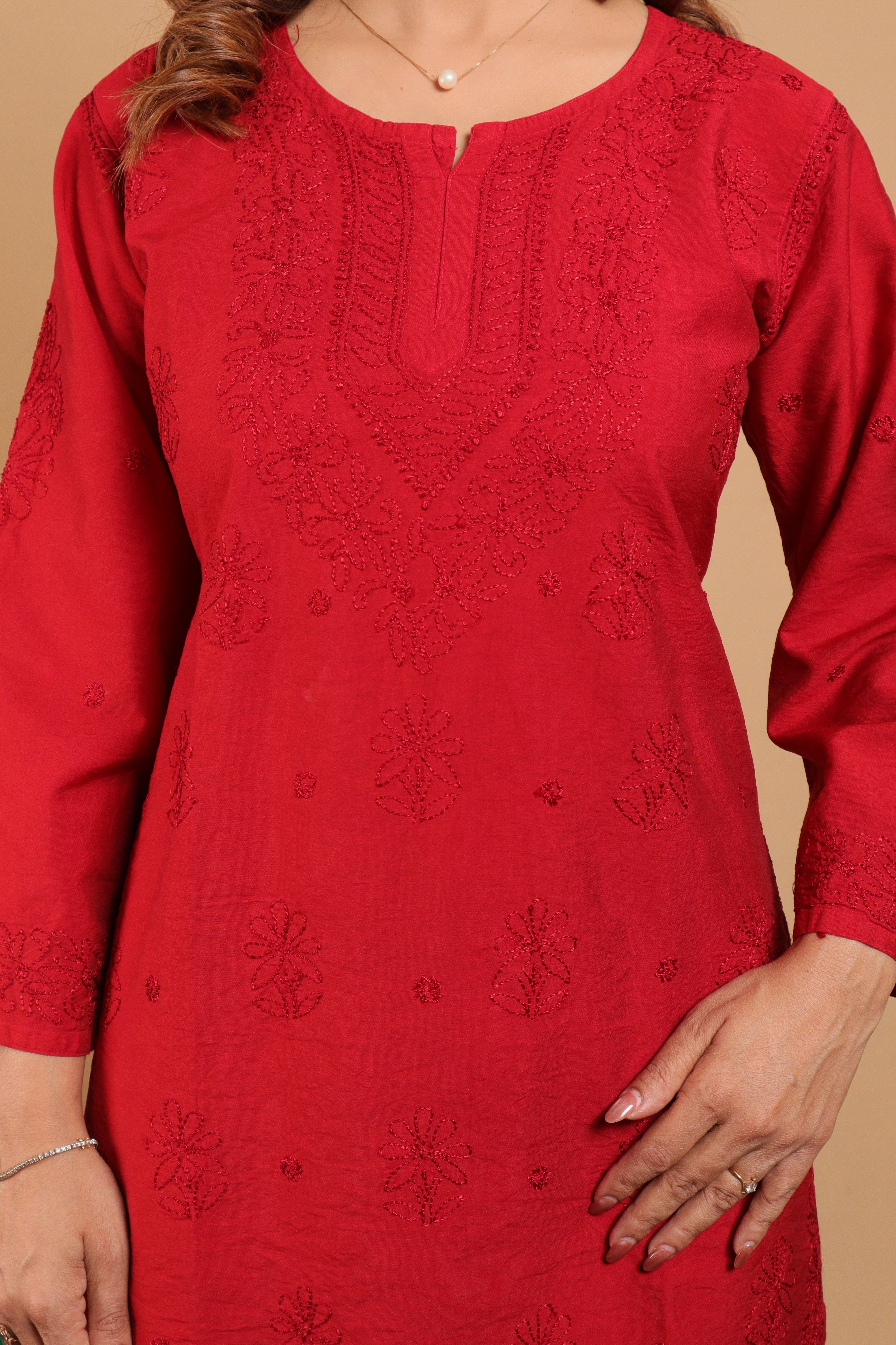 Red Chanderi Short Kurti 2 Piece Set