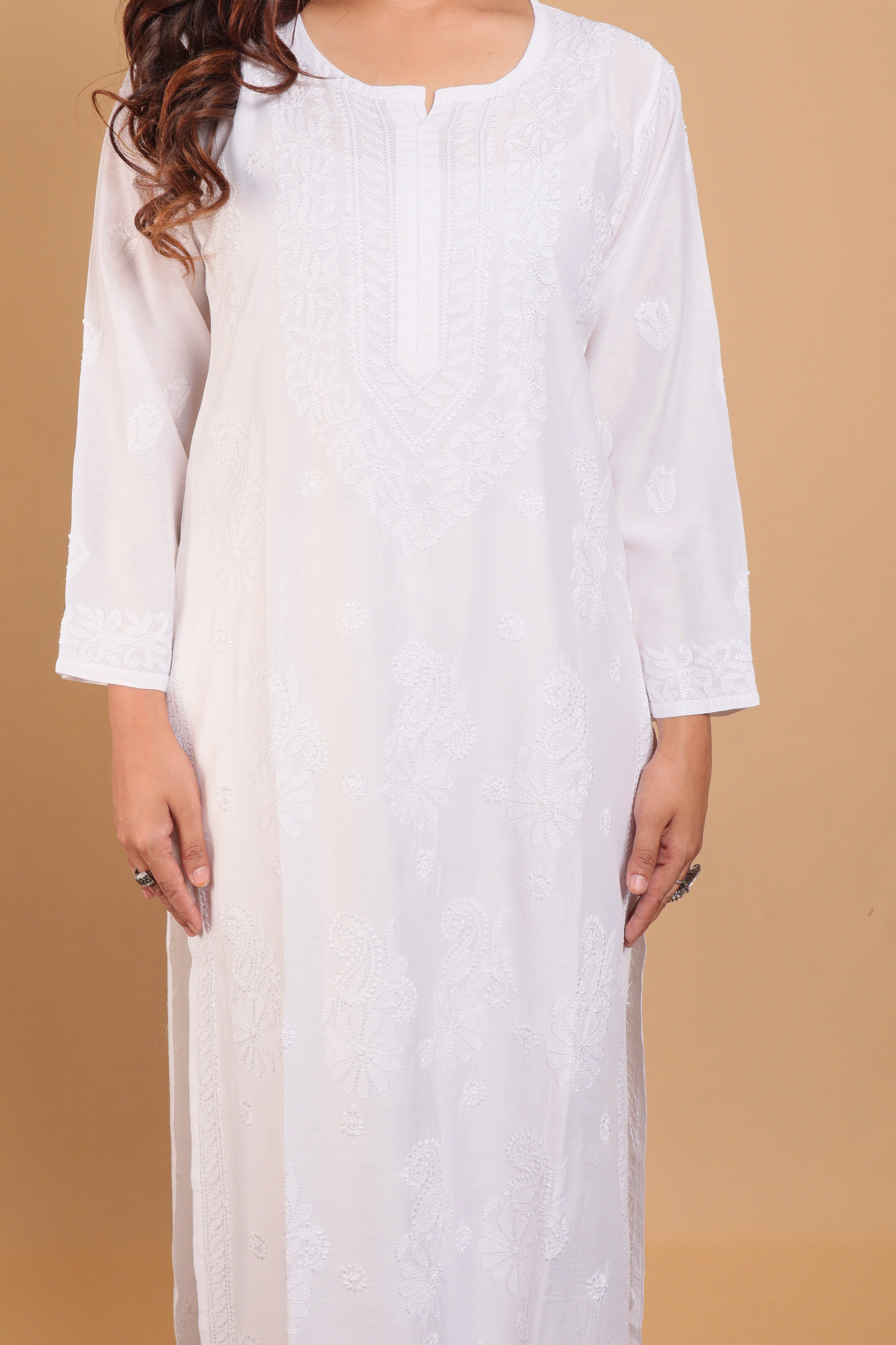 White Chanderi Long Kurti 2 Piece Set