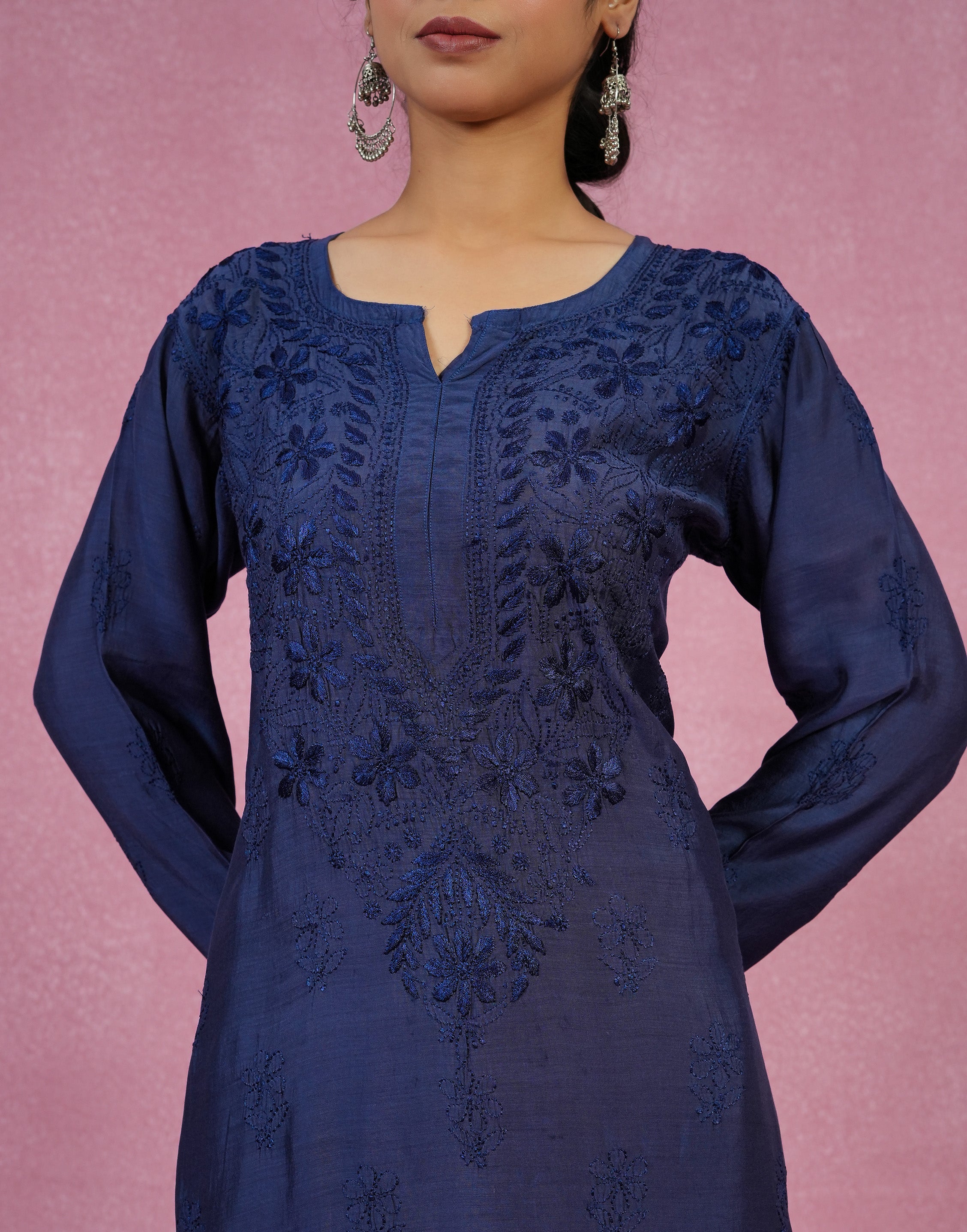 Urviya Chikankari Muslin 3 piece set - Bakhiya Ghaaspatti Work and Gala Boota Dark Blue