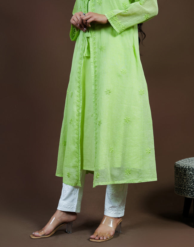 Urviya Chikankari Kota Doria Long Kurti - Shrug Style Green