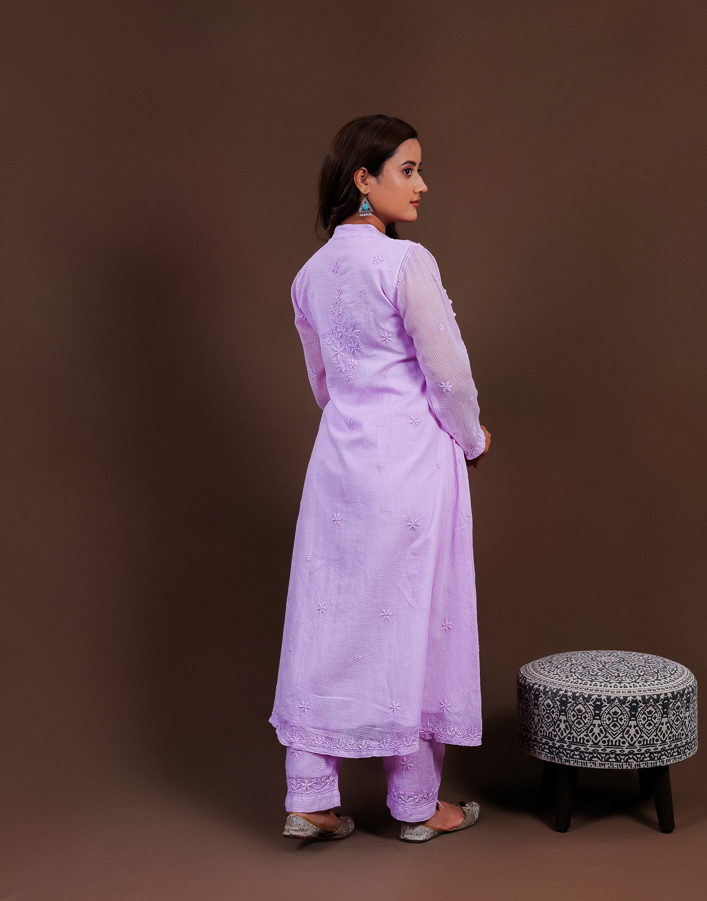 Urviya Chikankari Kota Doria Long Kurti - Side Button Purple