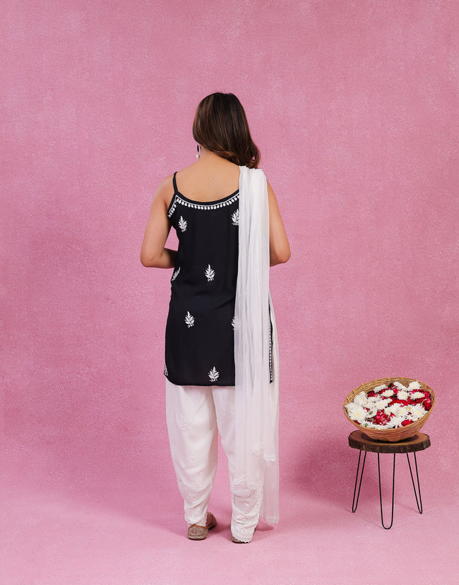 Urviya Chikankari Modal Short Kurti - Spaghetti Strap Top Black
