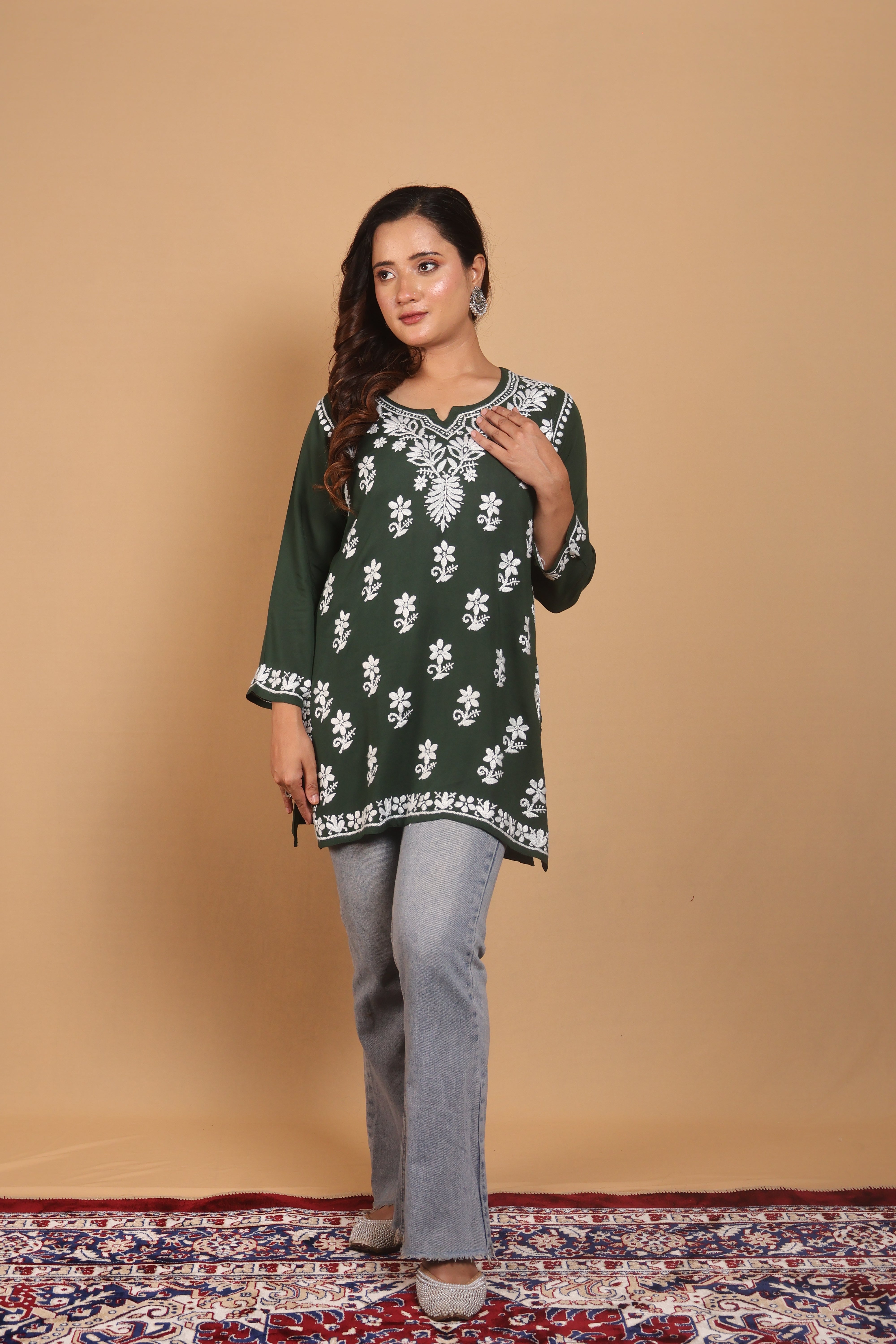 Dark Green Rayon Short Kurta Gala Boota