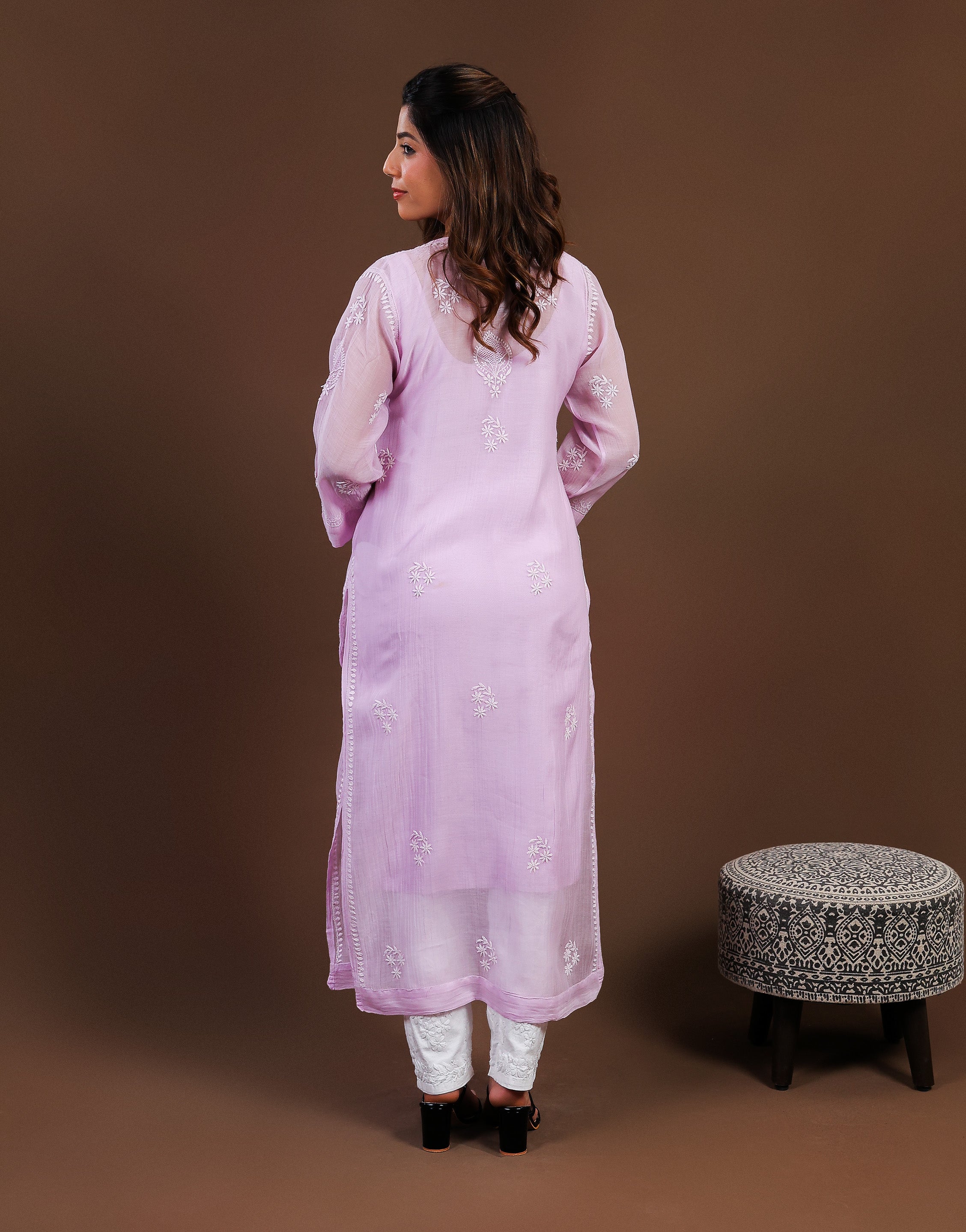 Urviya Chikankari Mul Chanderi Long Kurti – Nyra Cut with Jaali Boota Purple