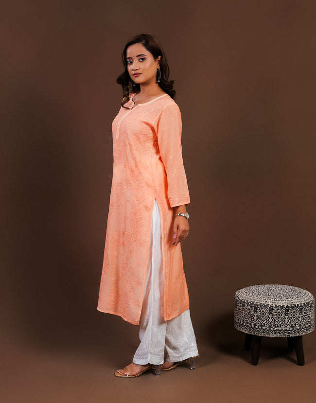 Urviya Chikankari Muslin Long Kurti - Bakhiya Gala Boota Peach