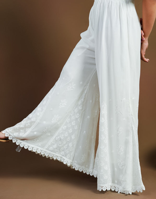 Urviya Chikankari Viscose Georgette Bottoms with Crochet - Sharara White