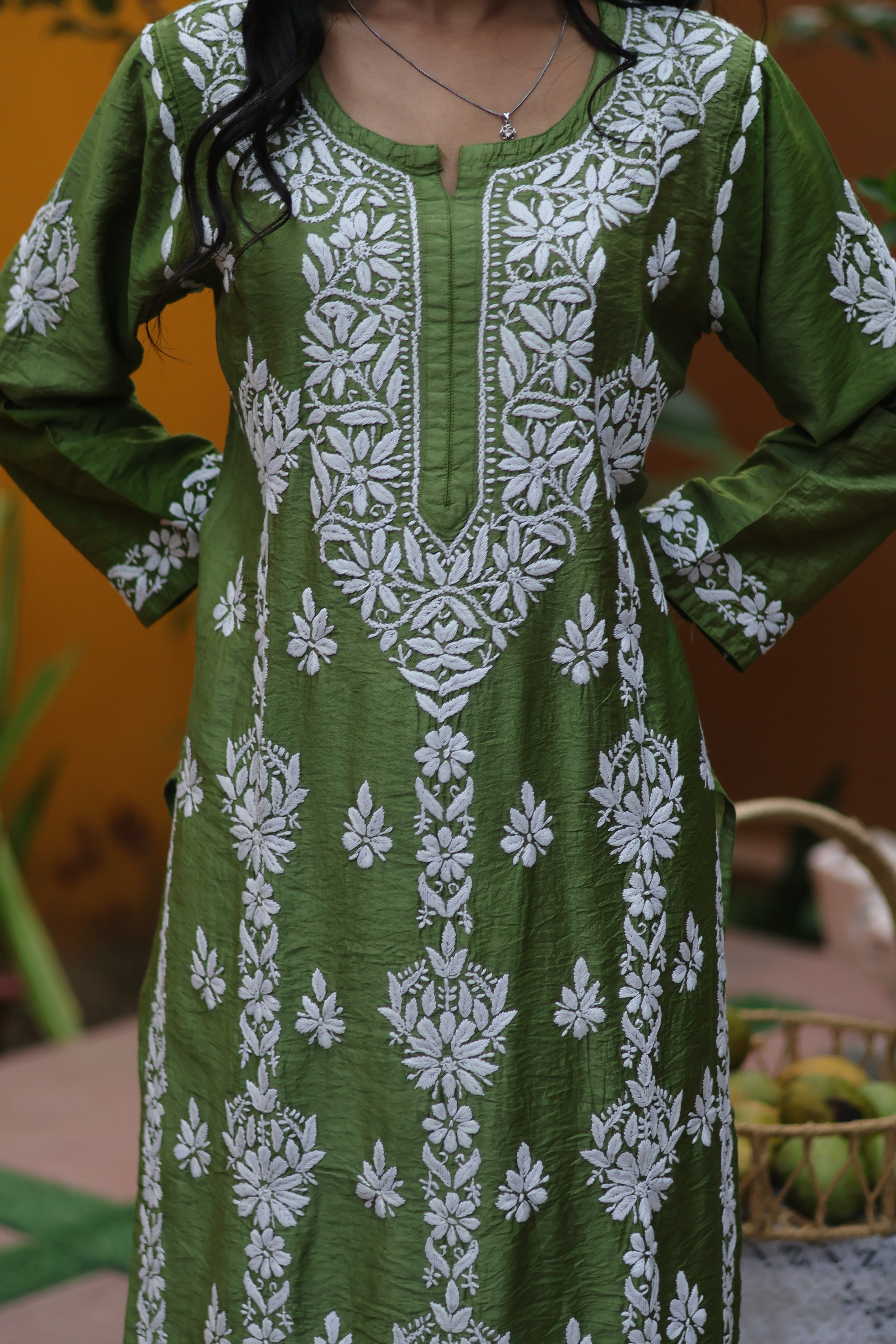 Green Chanderi White Thread Ghaaspatti 3 Piece Set