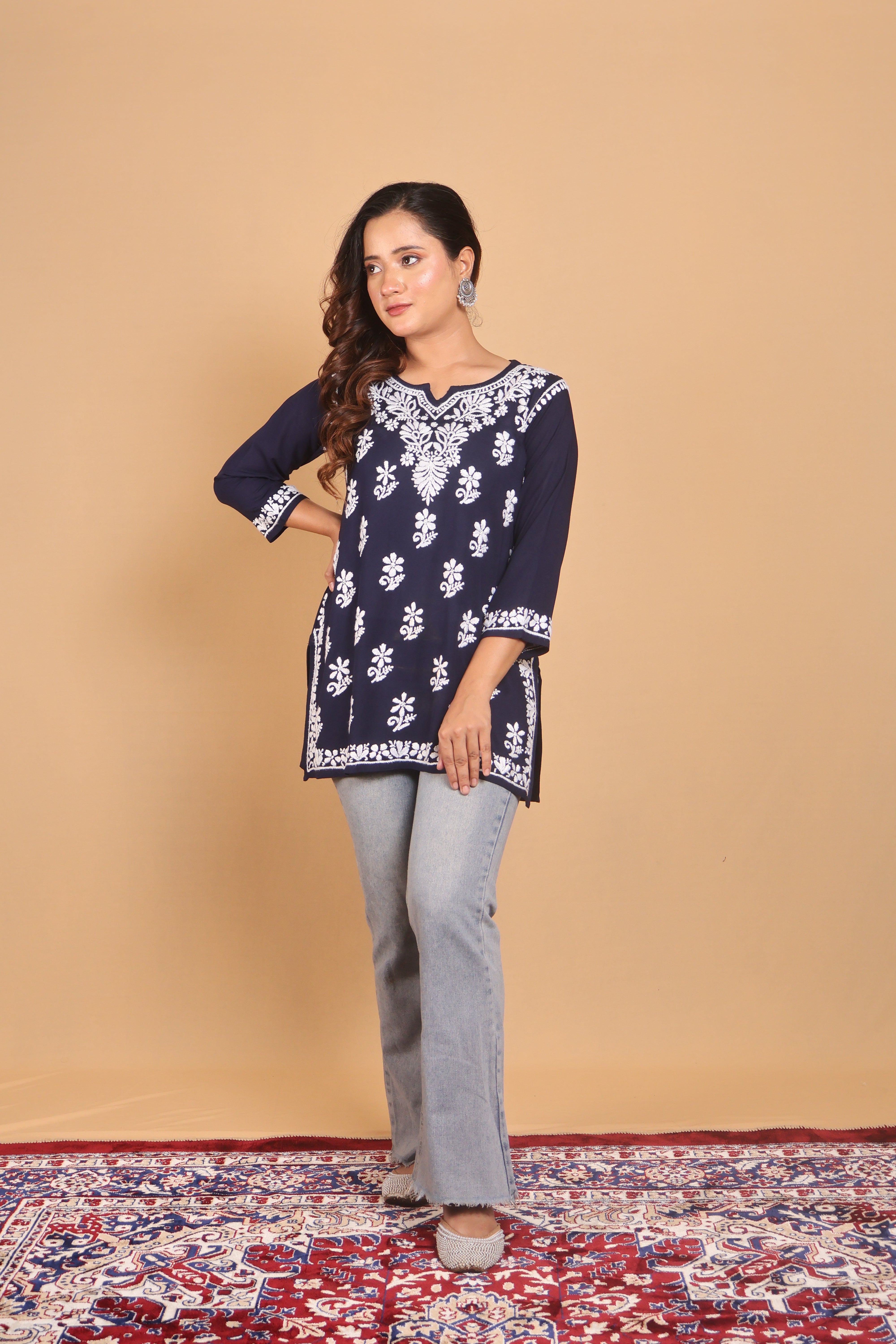 Navy Blue Rayon Short Kurta Gala Boota