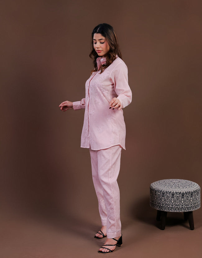 Urviya Chikankari Co-ord Set Maheshwari Cotton Baby Pink