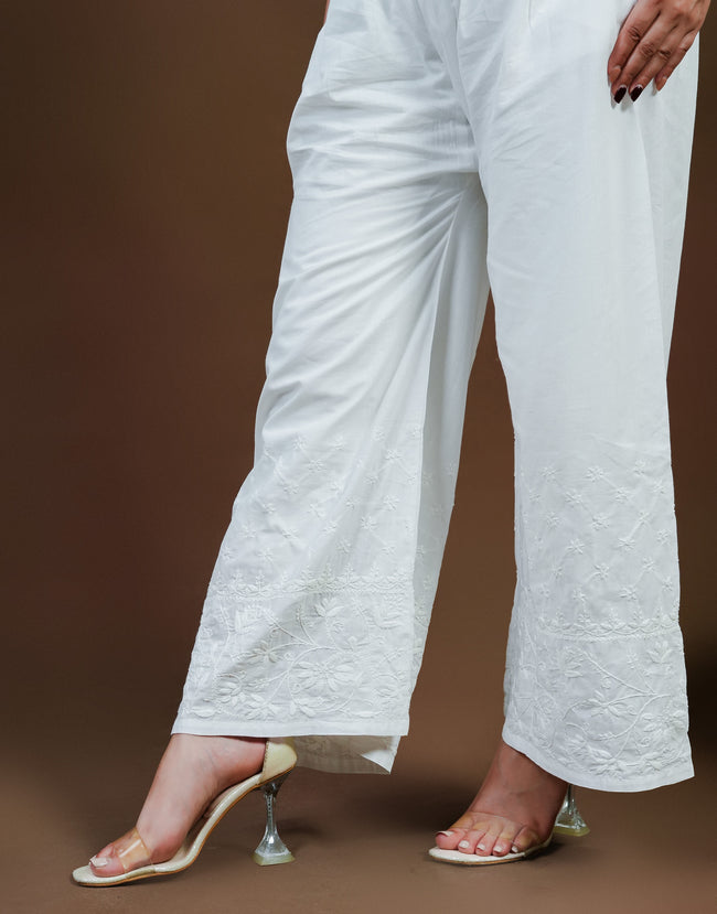 Urviya Chikankari Cotton Bottoms - Pallazo White