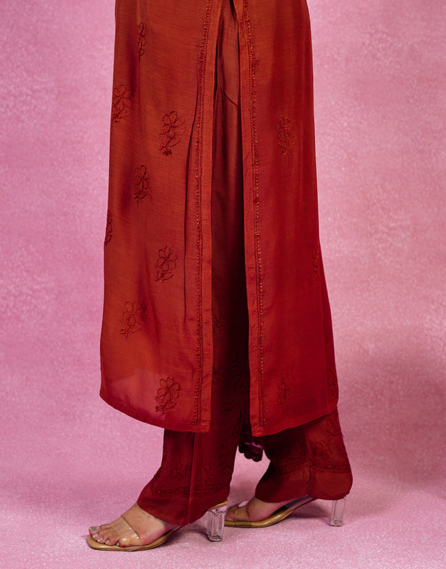 Urviya Chikankari Muslin 3 piece set - Bakhiya Ghaaspatti Work and Gala Boota Brick Red