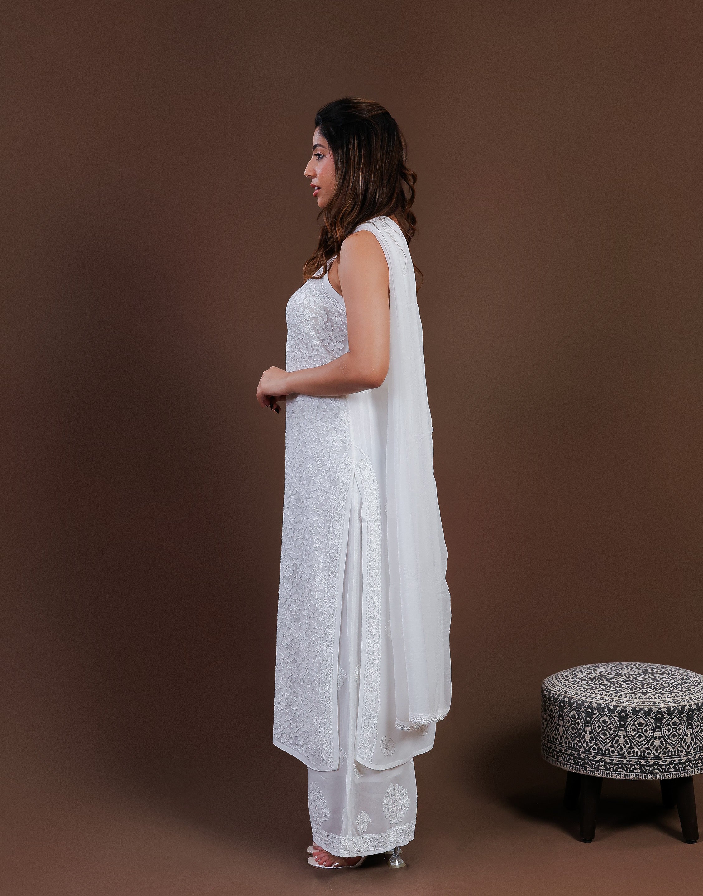 Urviya Chikankari Georgette 3 piece set - Long Spaghetti White