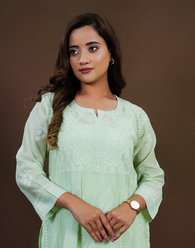 Urviya Chikankari Mul Chanderi Long Kurti – Nyra Cut with Jaali Boota Green
