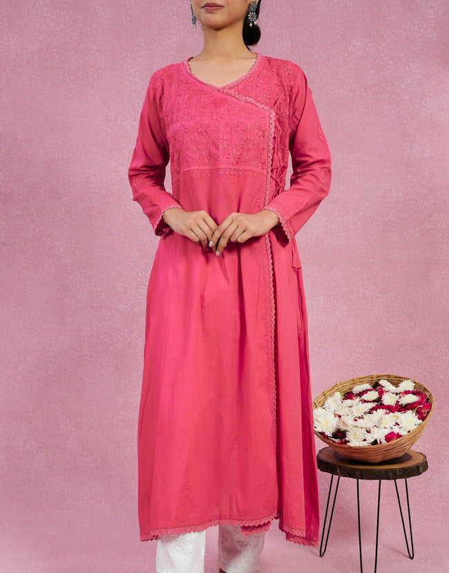 Urviya Chikankari Dobbie Cotton Long Kurti Angarkha Style Pink