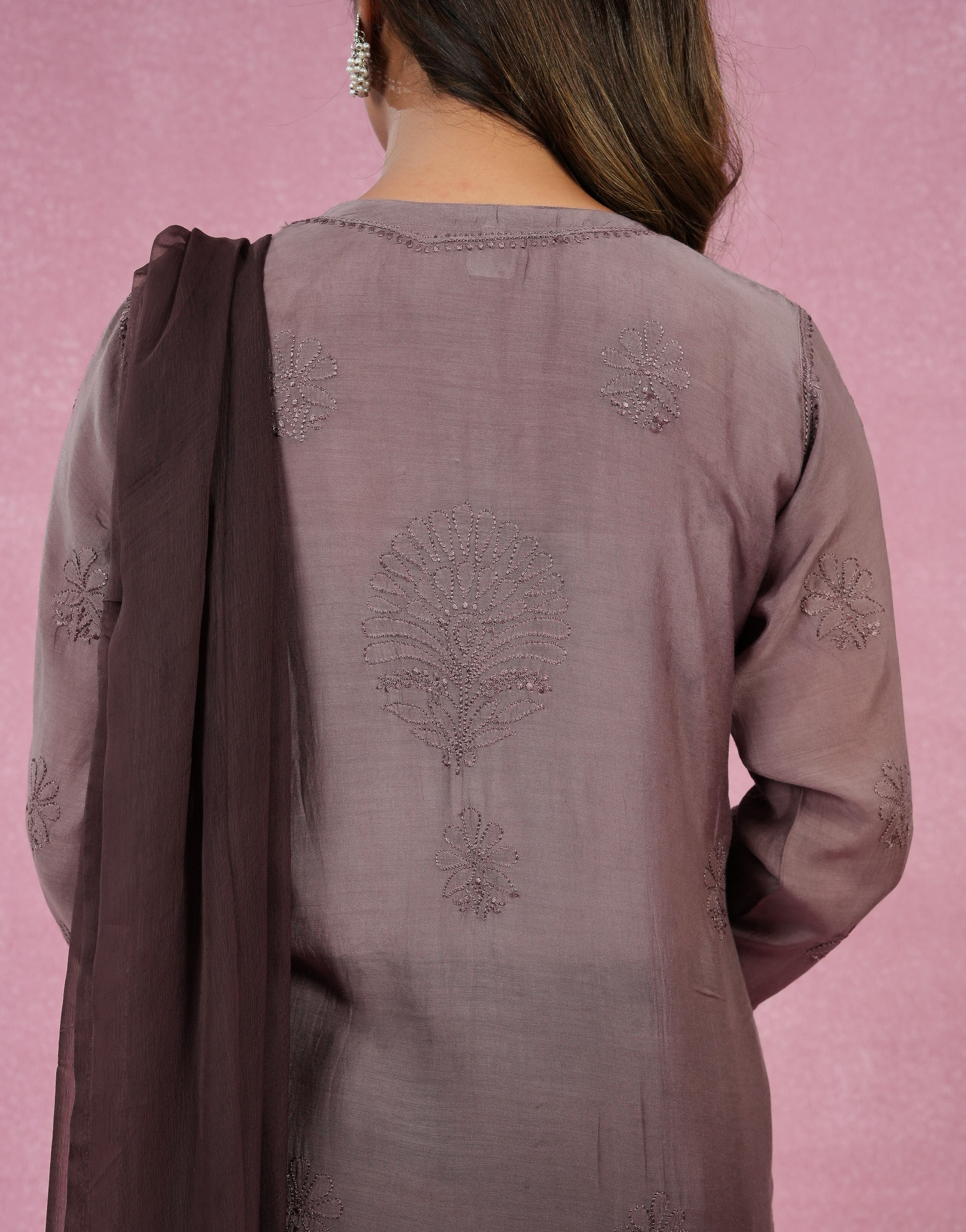 Urviya Chikankari Muslin 3 piece set - Bakhiya Ghaaspatti Work and Gala Ombre Brown