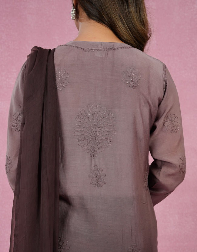 Urviya Chikankari Muslin 3 piece set - Bakhiya Ghaaspatti Work and Gala Boota Brown