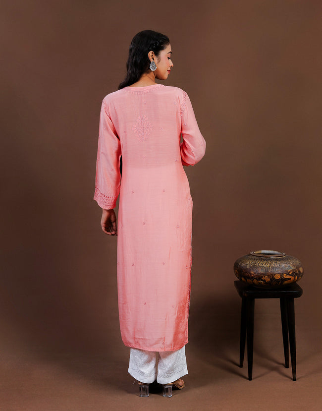 Urviya Chikankari Muslin Long Kurti - Ghaspatti Gala Bakhiya Boota Peach