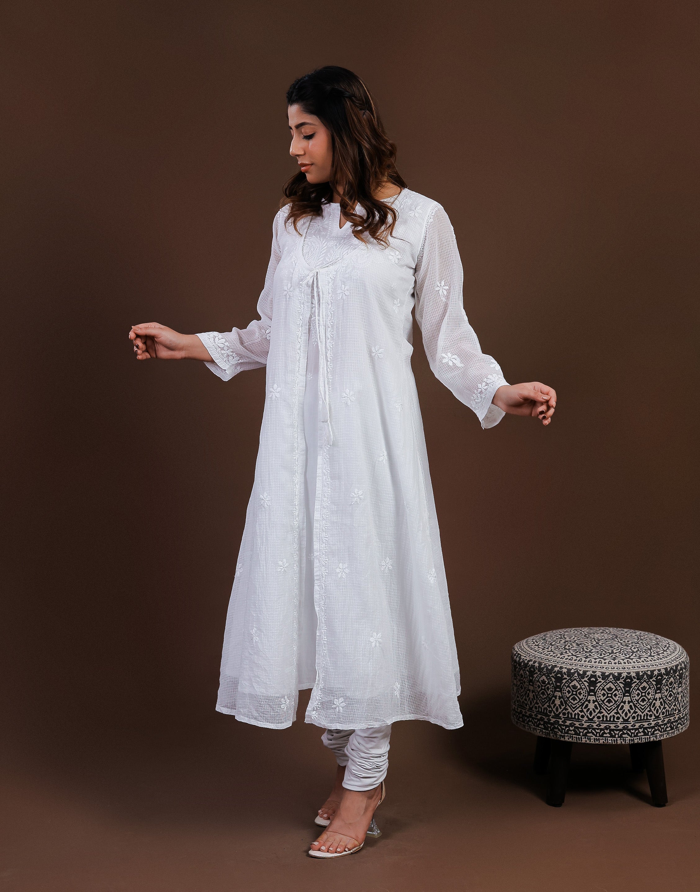 Urviya Chikankari Kota Doria Long Kurti - Shrug Style White