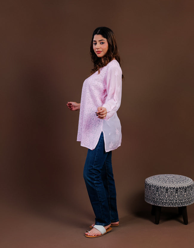 Urviya Chikankari Muslin Short Kurti - Silk Thread Full Jaal Work Pink