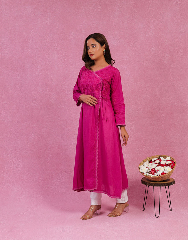 Urviya Chikankari Dobbie Cotton Long Kurti Angarkha Style Purple