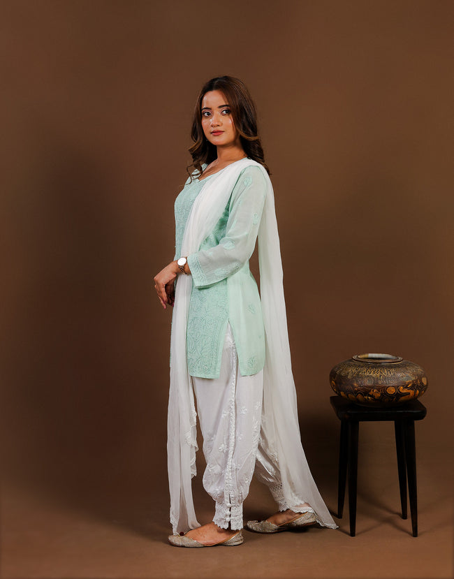 Urviya Chikankari Muslin Short Kurti - Silk Thread Full Jaal Work Sea Green