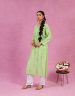 Urviya Chikankari Muslin Long Kurti - Bakhiya Gala Boota Light Green