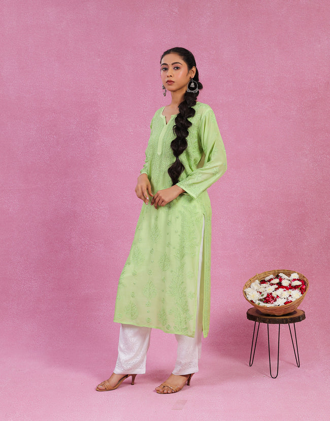 Urviya Chikankari Muslin Long Kurti - Bakhiya Gala Boota Light Green