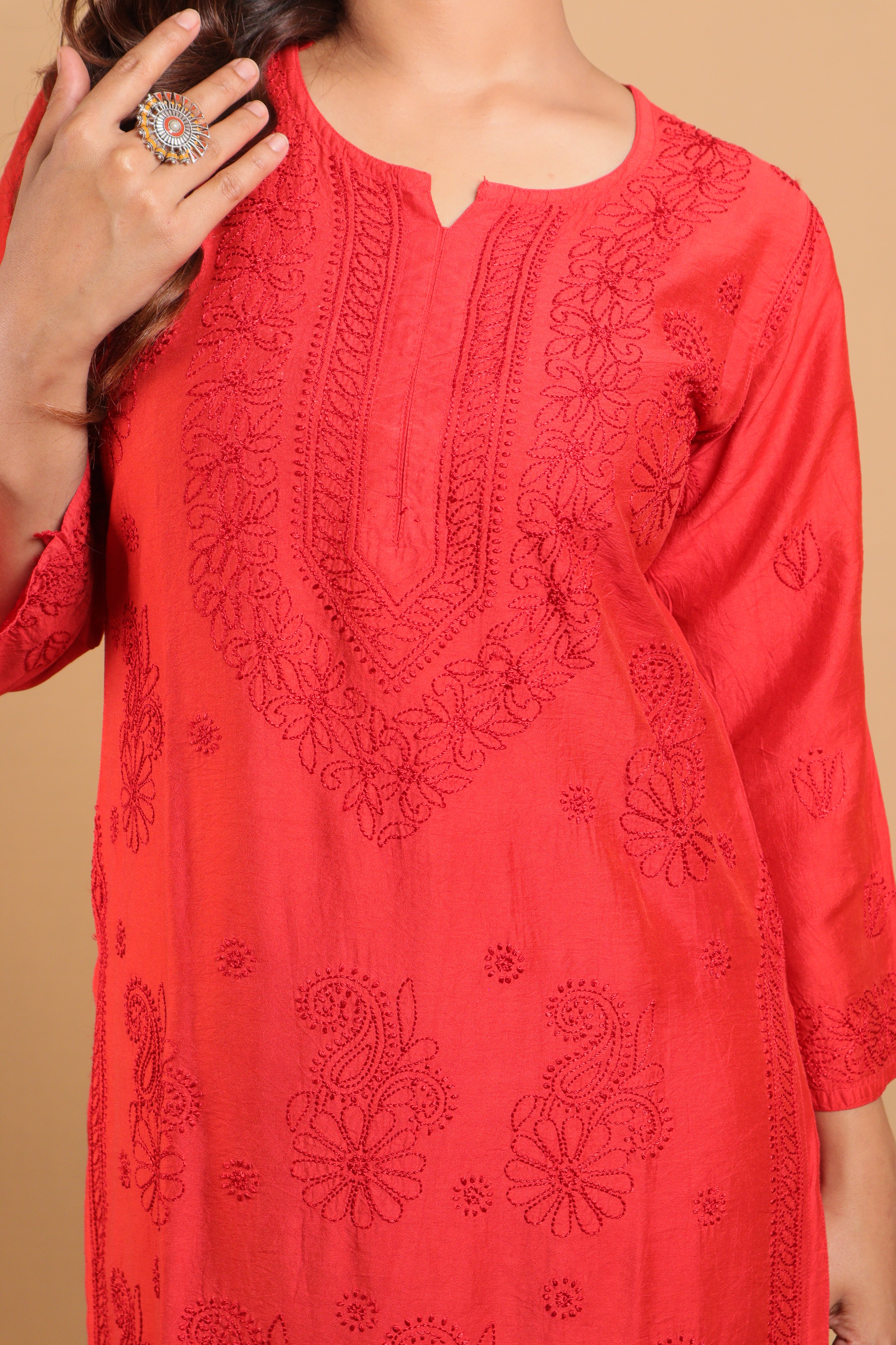 Red Chanderi Long Kurti