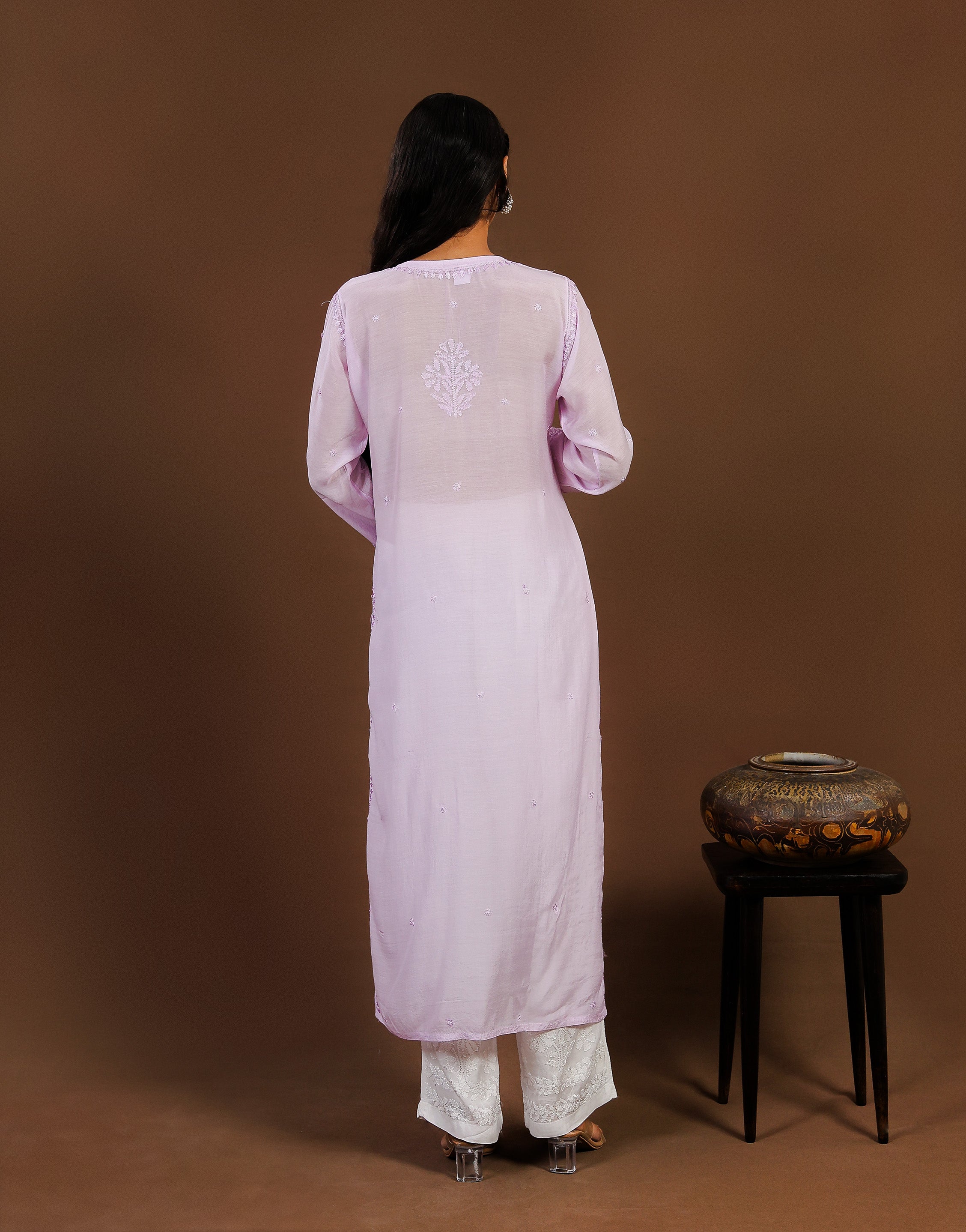 Urviya Chikankari Muslin Long Kurti - Ghaspatti Gala Bakhiya Boota Purple