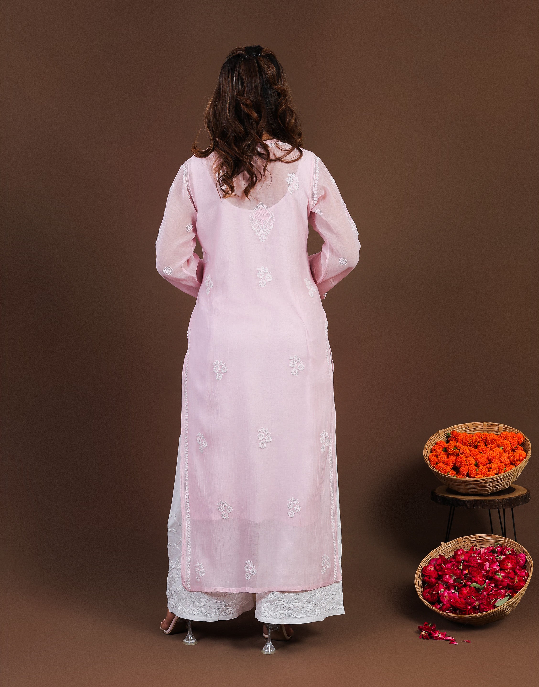 Urviya Chikankari Mul Chanderi Long Kurti – Straight Cut with Jaali Boota Pink