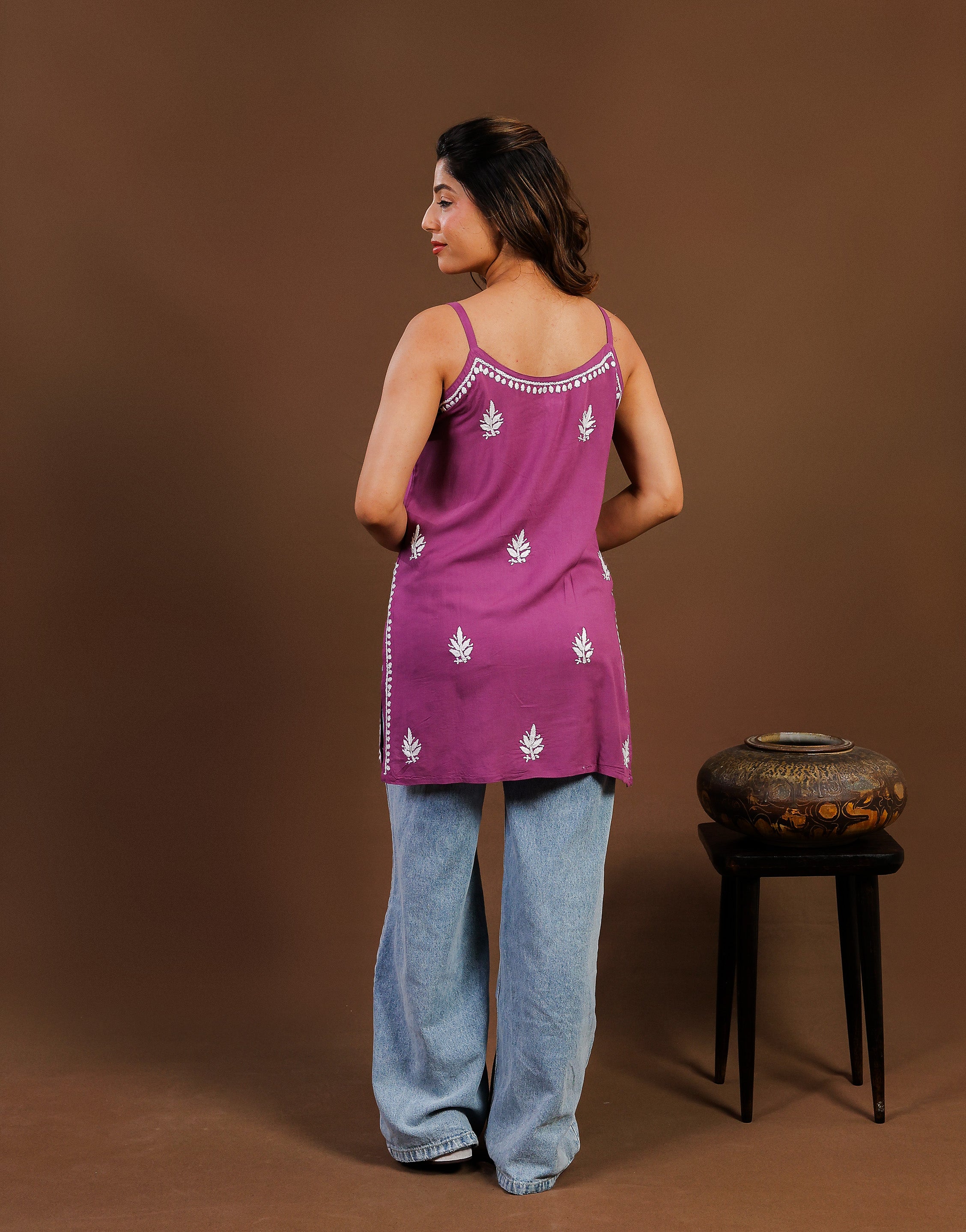 Chikankari Modal Spaghetti Strap Short Kurti - Purple