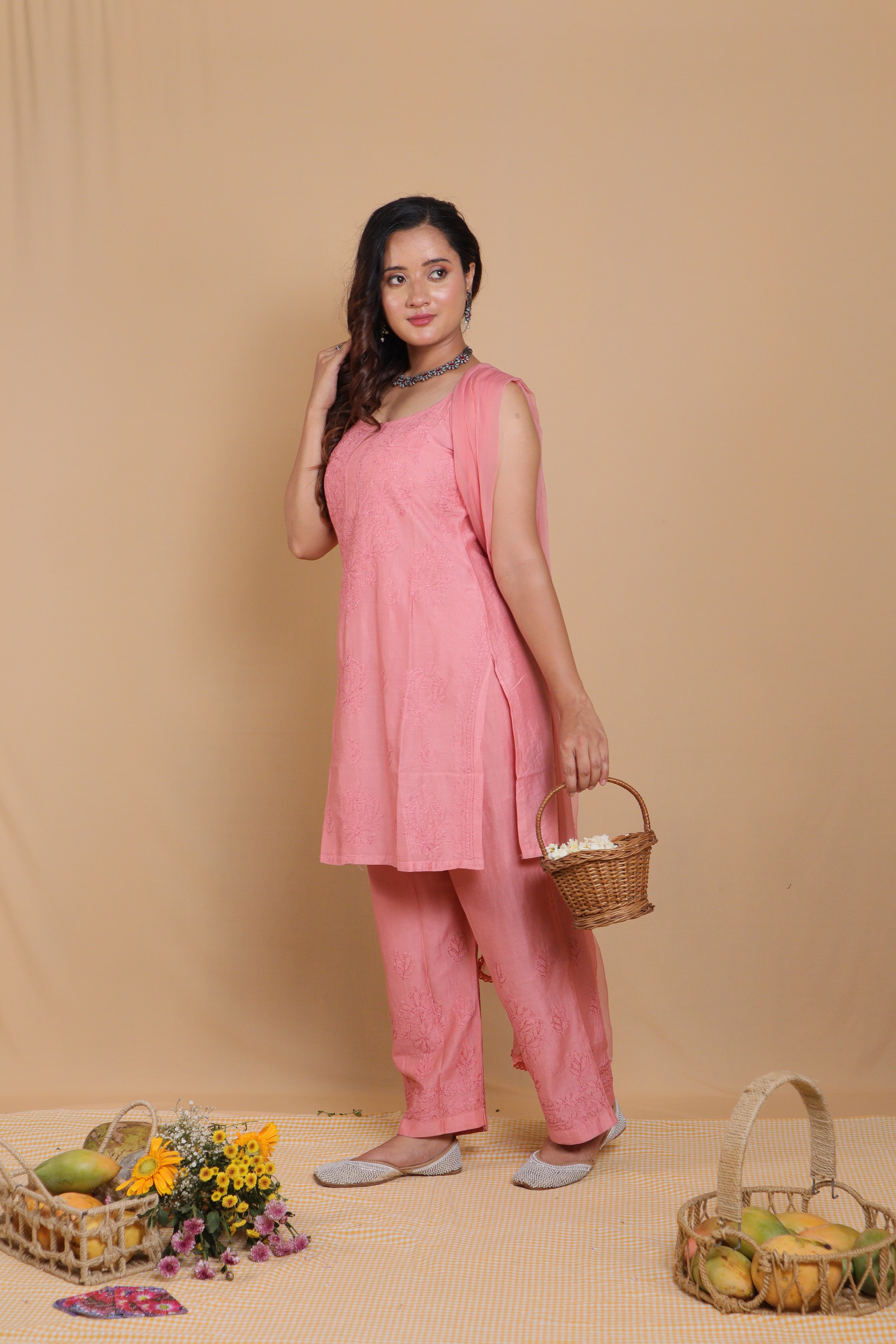 Peach Chanderi Spaghetti Bakhiya 3 Piece Set