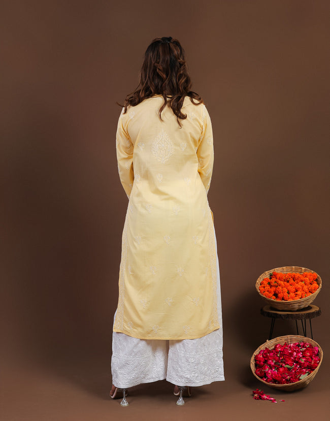 Urviya Chikankari Mul Cotton Long Kurti - Full Jaal Yellow