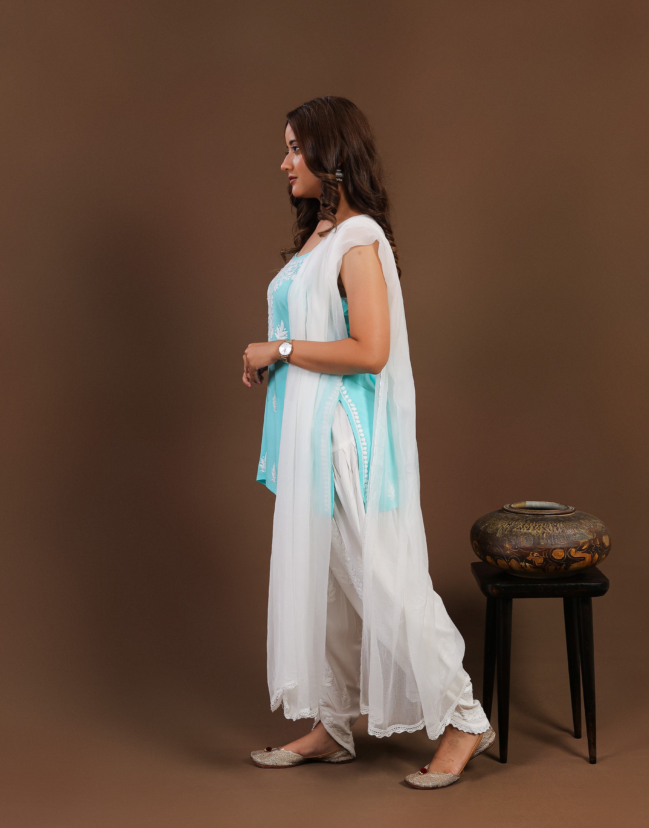 Sea Blue Modal Chikankari Spaghetti Strap Short Kurti