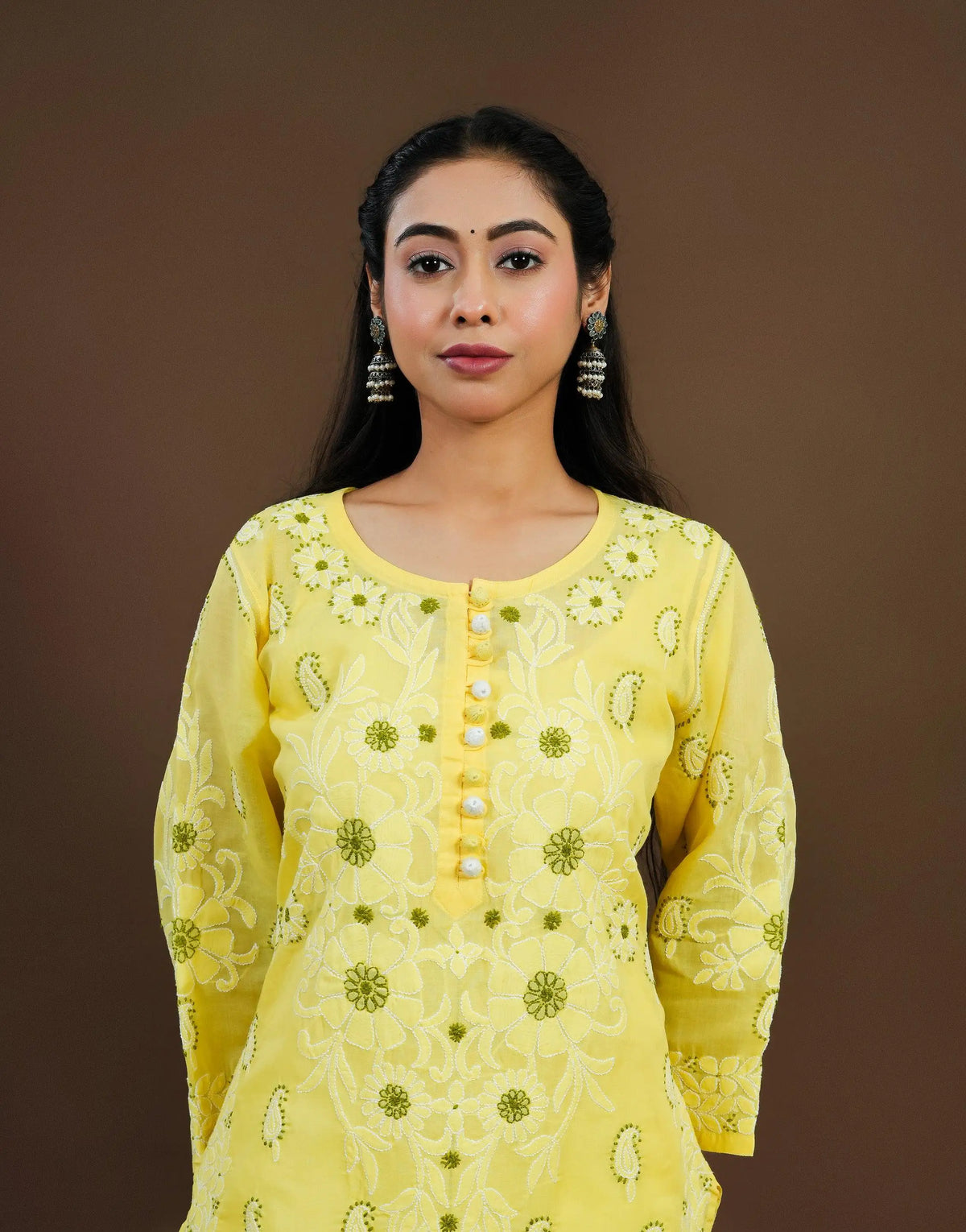 Yellow Cotton Coloured thread Long Kurti